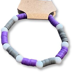 Purple and Gray Clay Bead Stretchy Bracelet with White Round Beads